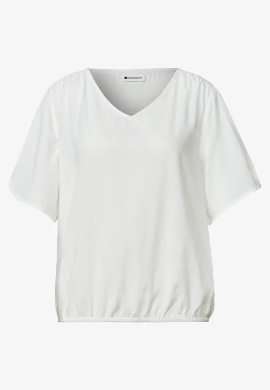 Weiße V-Ausschnitt-Bluse mit weiten Kurzärmeln und elastischem Bund.