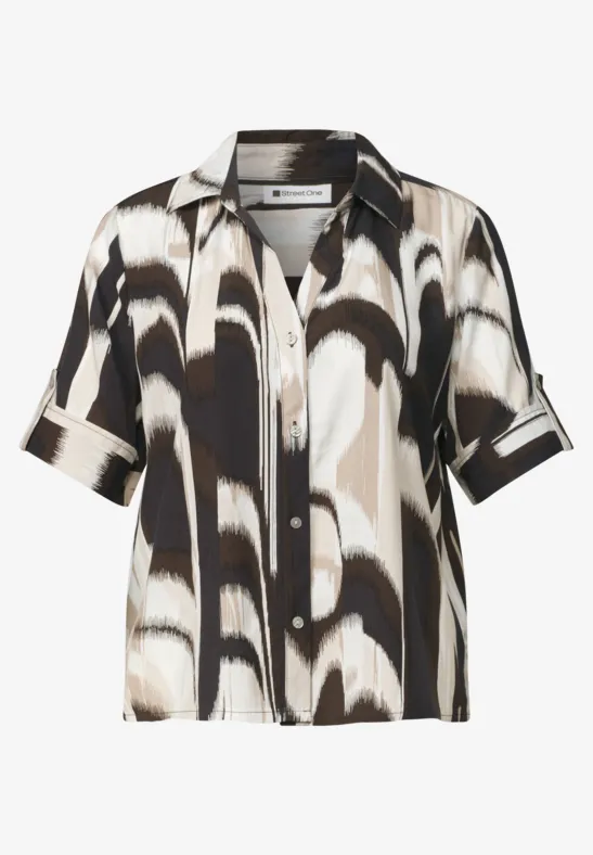 Korte mouwen blouse met V-hals en abstract zwart-beige motief