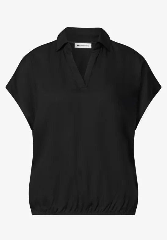 Schwarze Kurzarm-Bluse mit V-Ausschnitt und elastischem Saum.