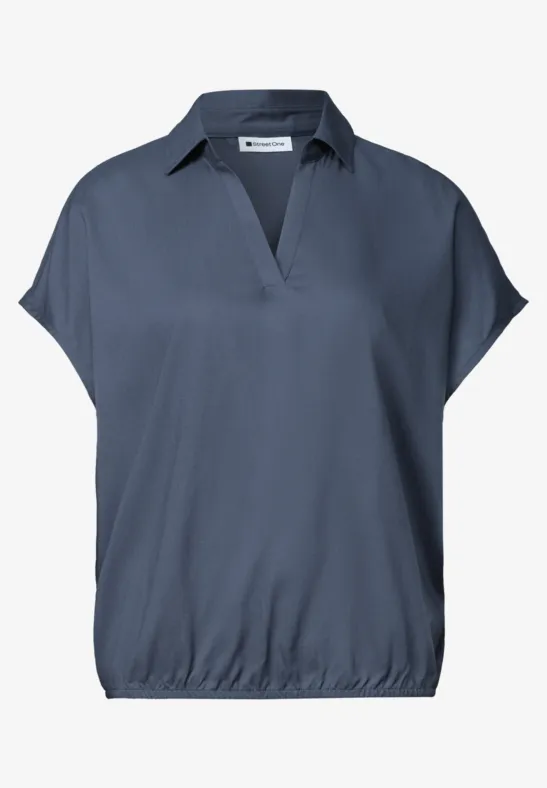 Donkerblauwe blouse met korte mouwen, V-hals en elastische zoom