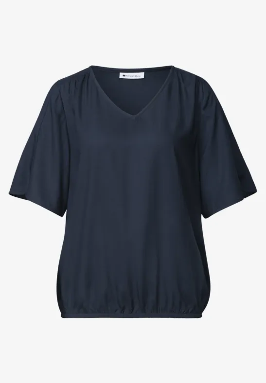 Donkerblauw damesshirt met V-hals, korte mouwen en elastische zoom.