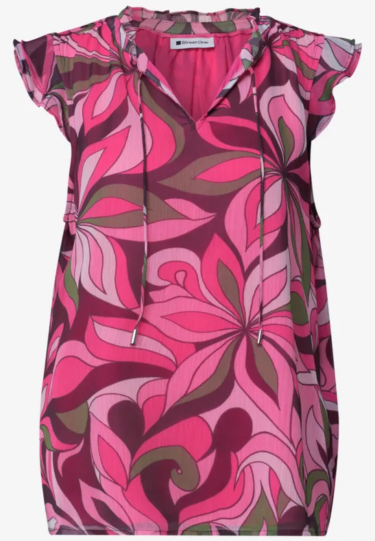 Roze en bruine blouse met bloemenprint en korte mouwen met ruches