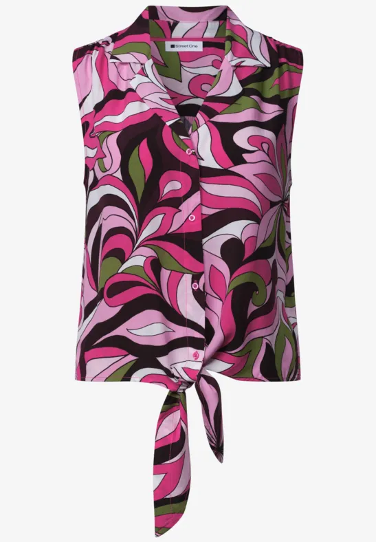 Ärmellose Bluse mit Knotenbund und abstraktem Blumenmuster in Pink, Grün und Schwarz.