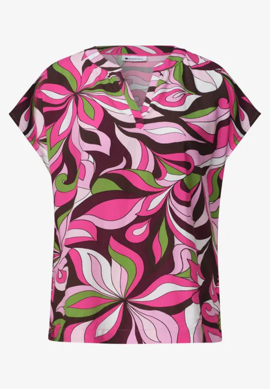 Haut femme à manches courtes et col V, motif abstrait floral rose, blanc et marron