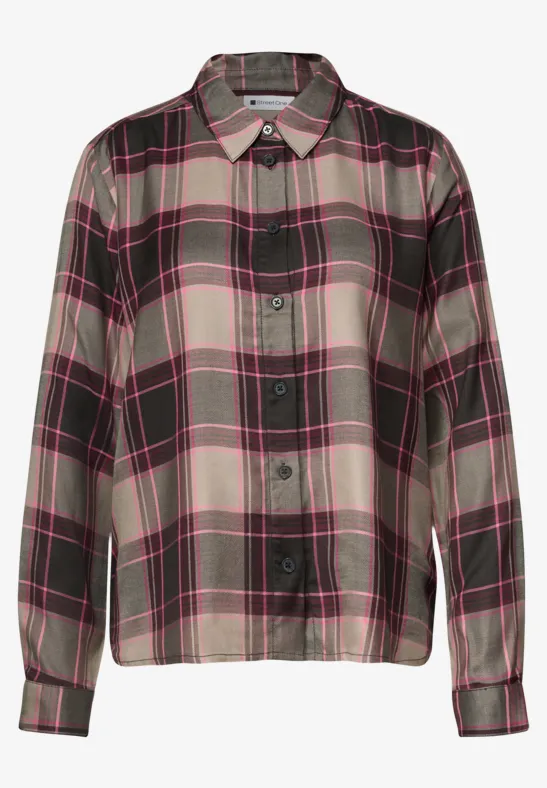 Karierte Bluse mit Knopfleiste und Hemdkragen in Grau-, Schwarz- und Rosa-Tönen.