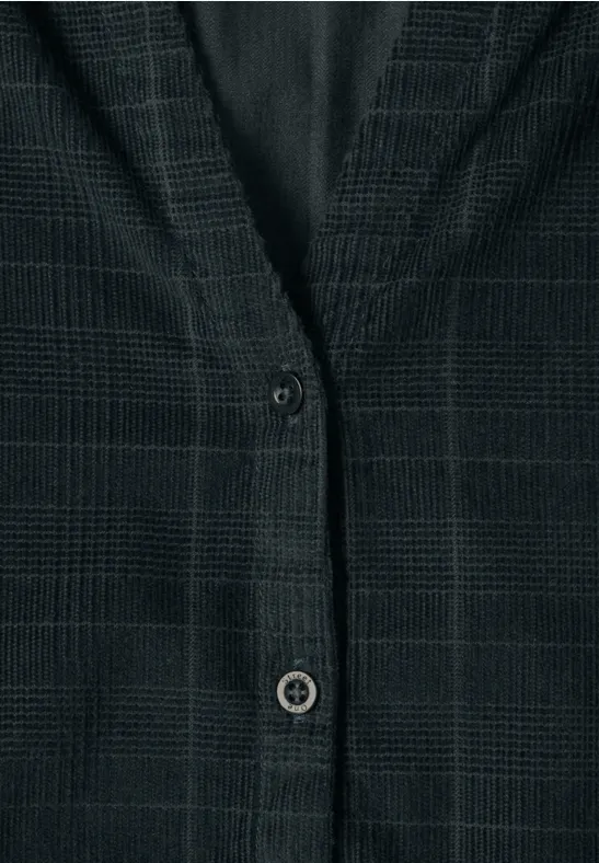 Donkergrijze cardigan met subtiel ruitdessin en knoopsluiting.