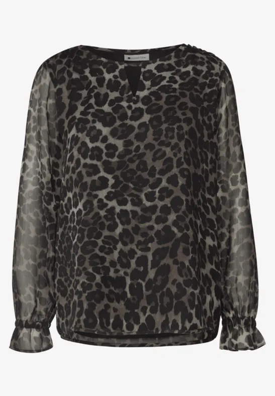 Transparente, langärmlige Bluse mit Leo-Print, elastischem Saum und Manschetten.