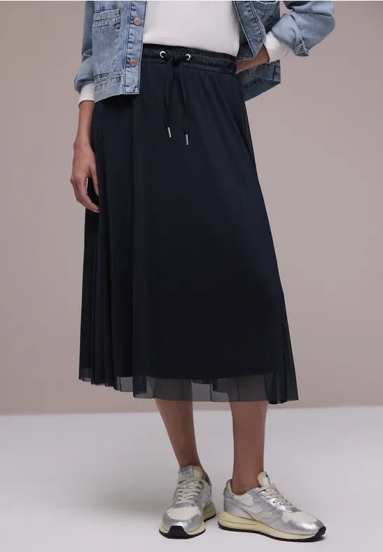 Midi-Rock aus Mesh in Plisséestruktur shadowed navy