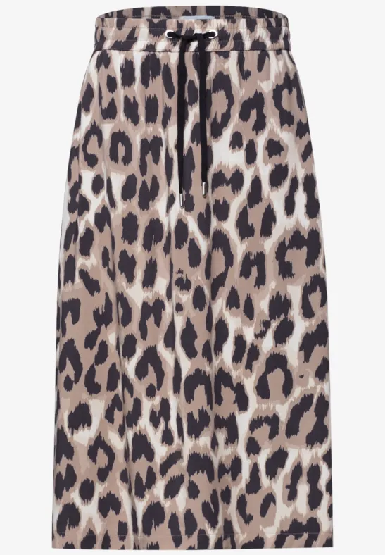 Knielanger Rock mit Leopardenmuster, elastischem Bund und Tunnelzug.