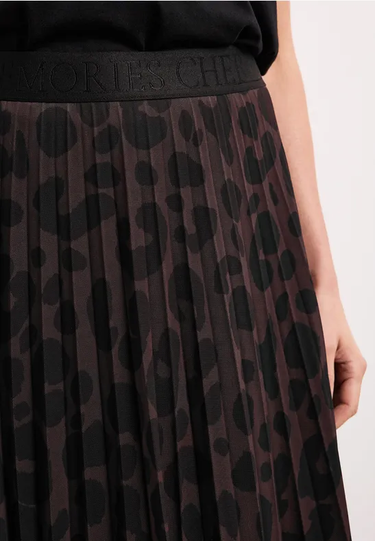 Brauner, plissierter Midi-Rock mit schwarzen Punkten und elastischem Bund.