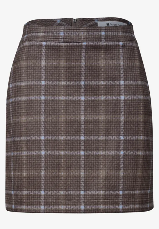 Jupe courte marron à carreaux, coupe droite, style classique et élégant.