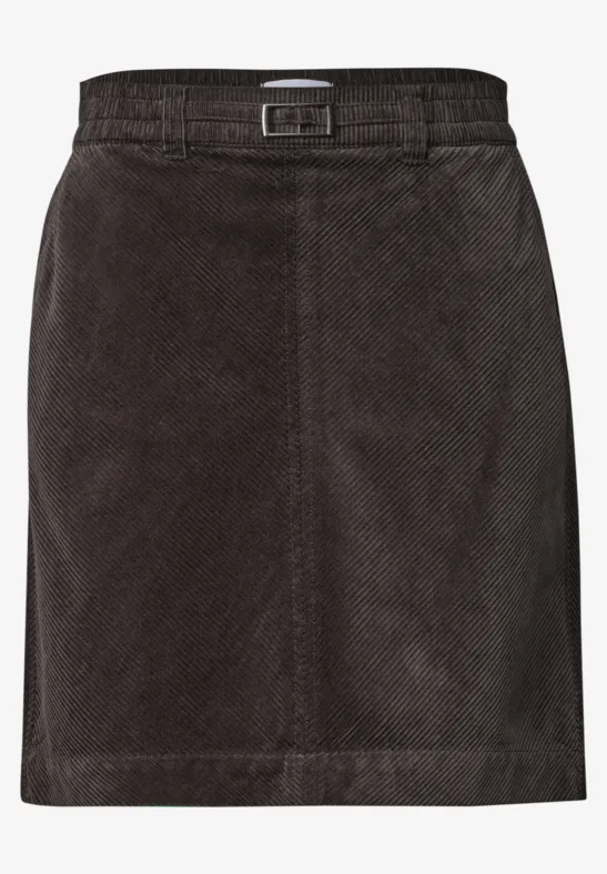 Jupe en velours côtelé foncé, coupe droite, taille mi-haute avec coutures discrètes.