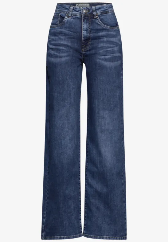 Weit geschnittene Damenjeans in Dunkelblau mit hoher Taille.