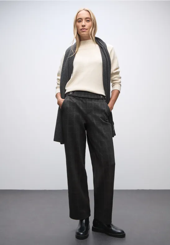 Geruite straight legs broek anthracite melange