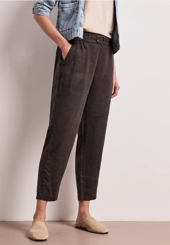 Slim Legs linnen broek met gesp espresso brown