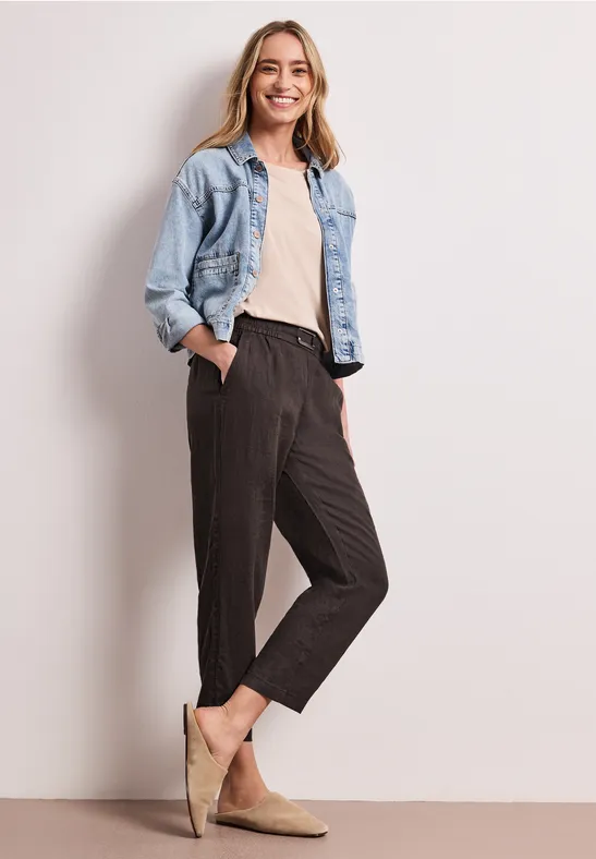 Slim Legs linnen broek met gesp espresso brown