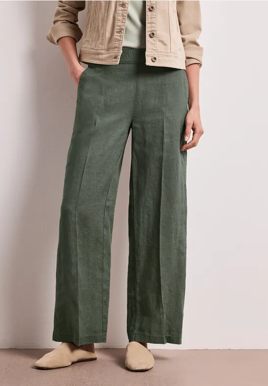 High Waist linnen broek met Wide Legs bound green