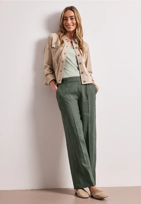 High Waist linnen broek met Wide Legs bound green