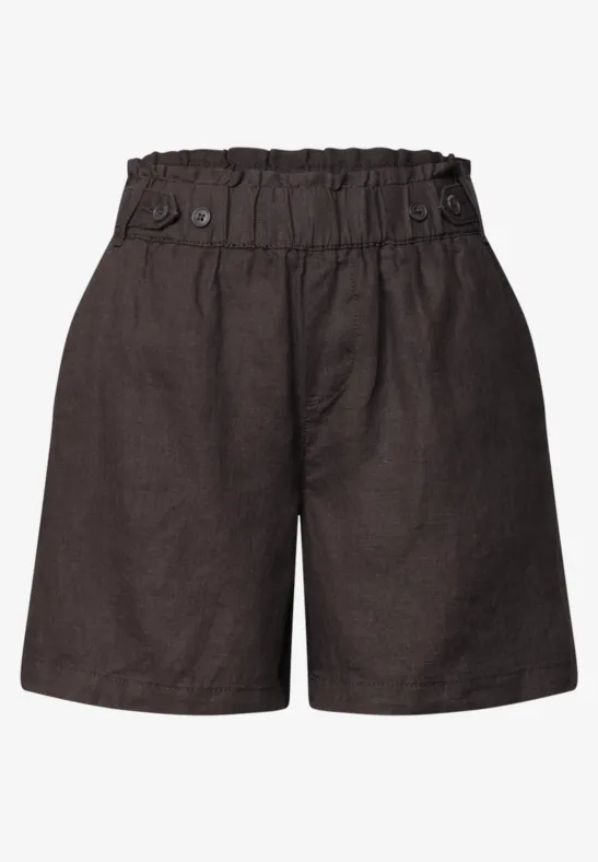 Zwarte linnen short met hoge taille, elastische band en knoopdetails.