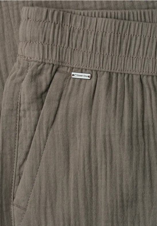 Bruine katoenen broek met elastische taille, geribbelde structuur en zijzak