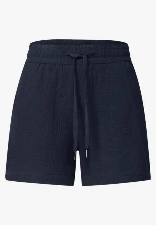 Dunkelblaue Shorts mit elastischem Kordelzugbund und leichter Waffelstruktur.