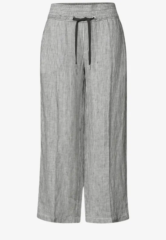 Grijze linnen broek met wijde pijpen, elastische taille en koordsluiting.