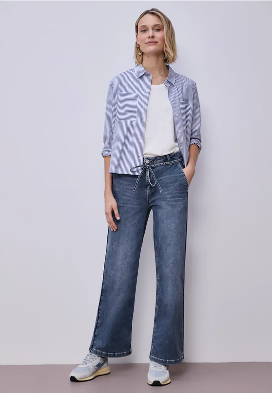 Wide Legs jeans met riemdetail authentic mid blue washed