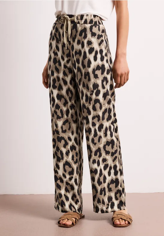 High Waist broek met Wide Legs en leoprint timeless beige