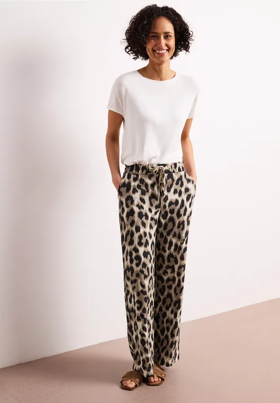 High Waist broek met Wide Legs en leoprint timeless beige