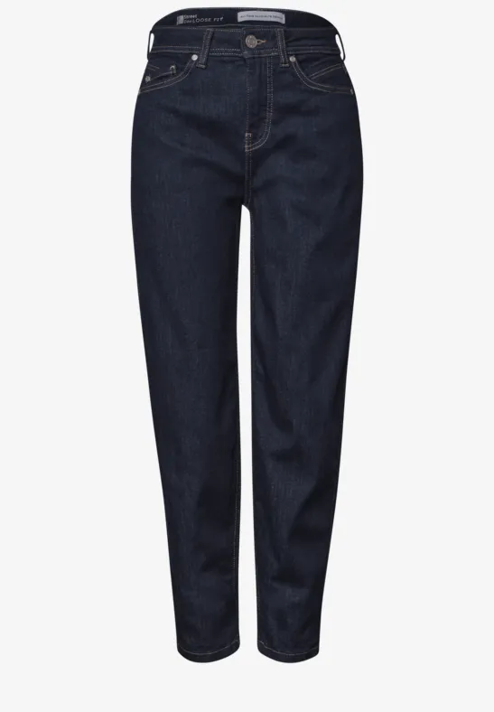 Donkerblauwe damesjeans met hoge taille, rechte pijpen en klassiek ontwerp met vijf zakken.
