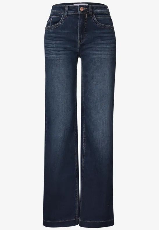 Dunkelblaue, hoch sitzende Jeans mit weitem Bein, Knopf- und Reißverschluss sowie klassischen Taschen.
