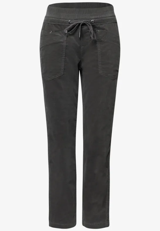 Grijze broek met elastische taille, trekkoord en opgestikte zakken.