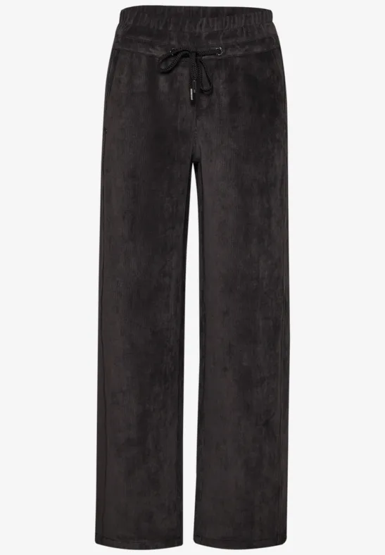 Zwarte, losse corduroy broek met elastische taille en aantrekkoord.