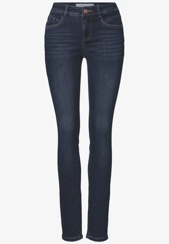 Jean skinny bleu foncé avec cinq poches et taille mi-haute