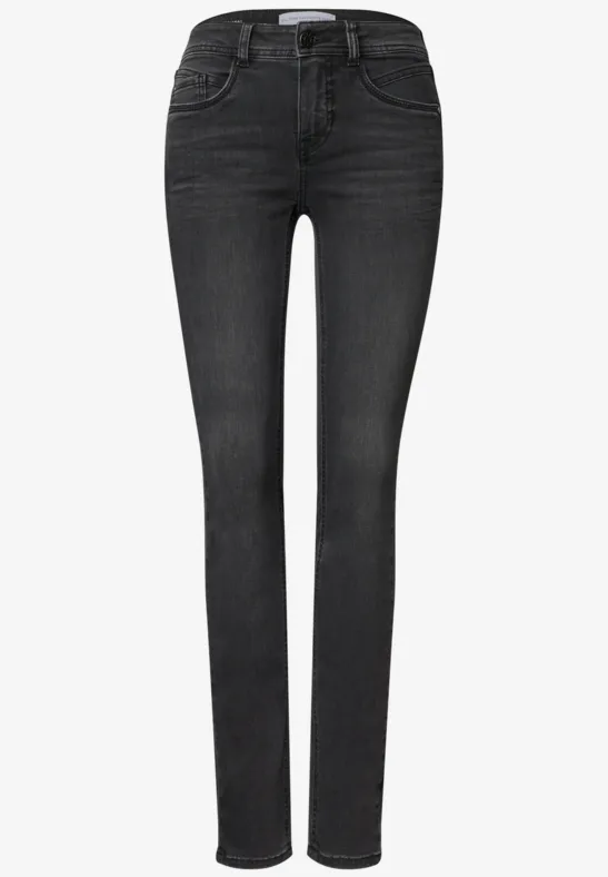 Jean noir slim taille mi-haute, coupe cinq poches en denim.