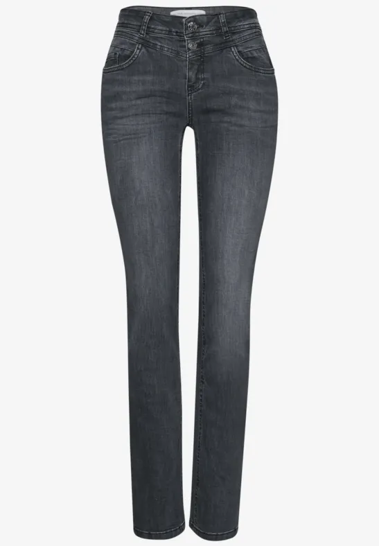 Jean slim gris foncé avec design classique à cinq poches.