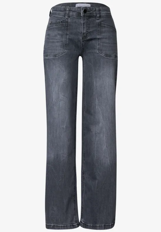 Jean gris foncé à taille haute et coupe large, style décontracté.