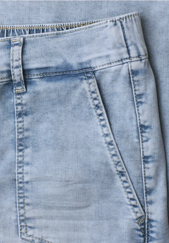 Close-up van een lichtblauwe spijkerbroek met zichtbare voorzak en stiksels.