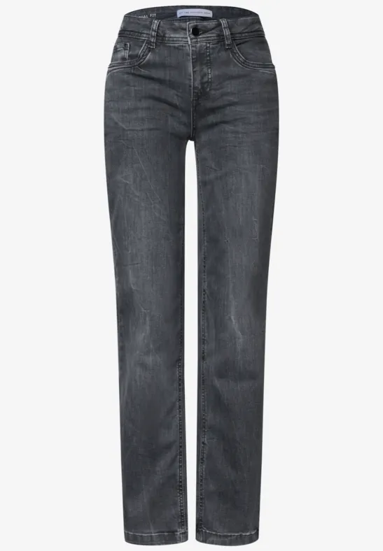 Jean droit en denim gris anthracite avec taille standard et cinq poches, style épuré et intemporel.