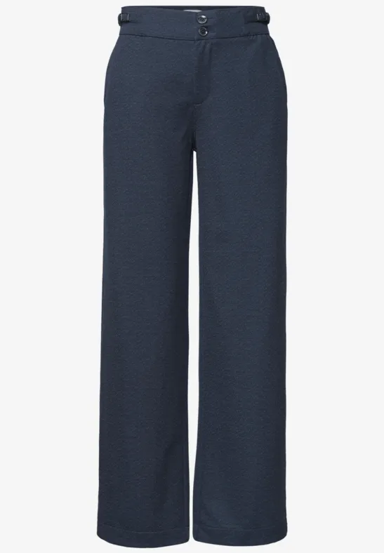 Donkerblauwe damesbroek met wijd vallende pijpen, hoge taille, knopen en een elegante, vloeiende pasvorm.