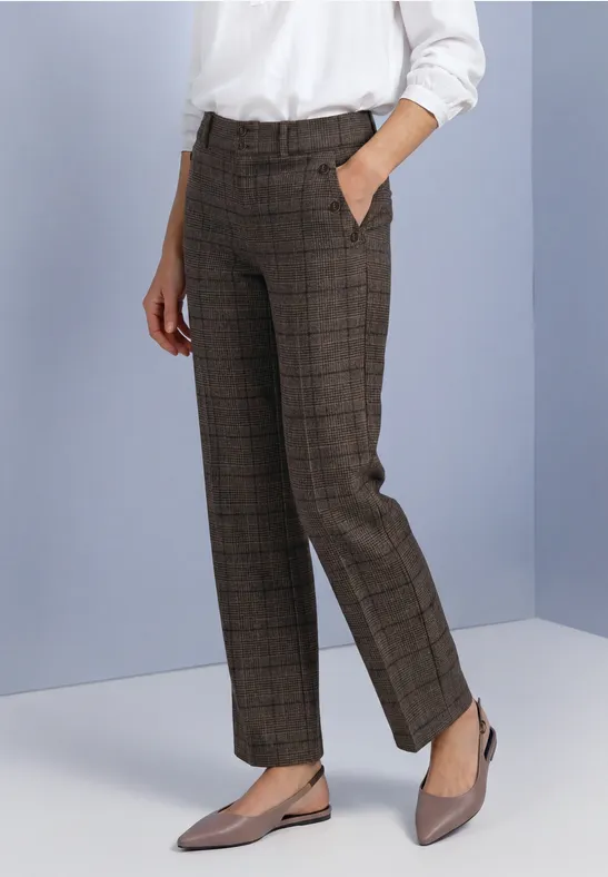 Pantalon féminin à carreaux gris, coupe droite, longueur cheville, poches latérales discrètes.