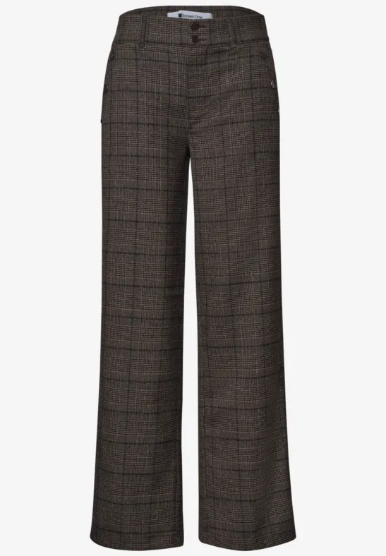 Un pantalon en tissu marron à carreaux, coupe droite et taille haute.