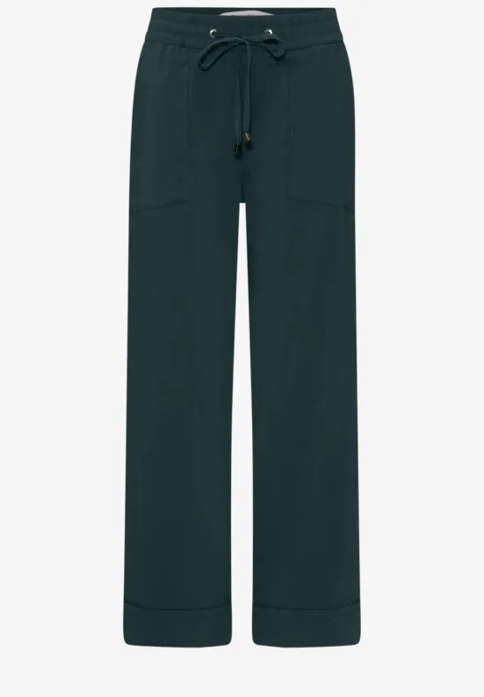 Pantalon droit vert foncé avec poches plaquées et cordon de serrage.