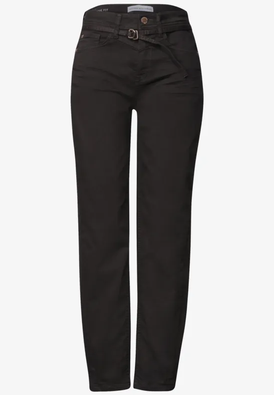 Pantalon femme noir taille haute, coupe droite avec ceinture.