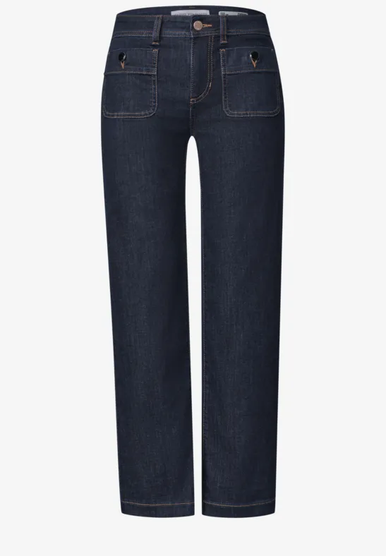 Donkerblauwe jeans met rechte pijpen, hoge taille en voorzakken op het voorpand.
