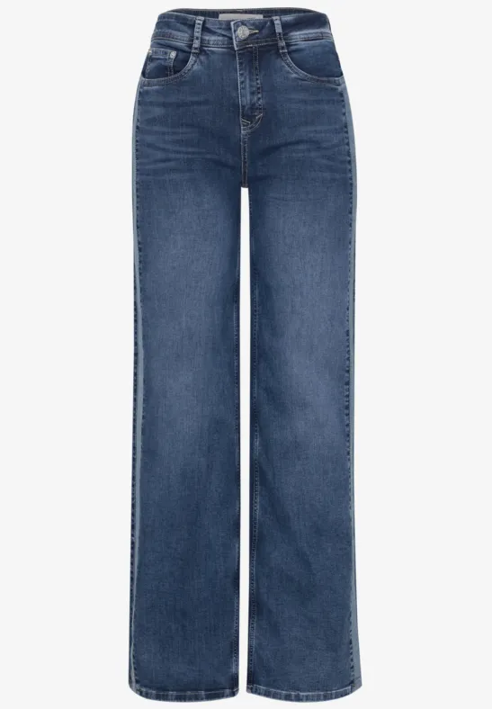 Dunkelblaue Jeans mit weitem Bein, hoher Taille und klassischem Five-Pocket-Design.