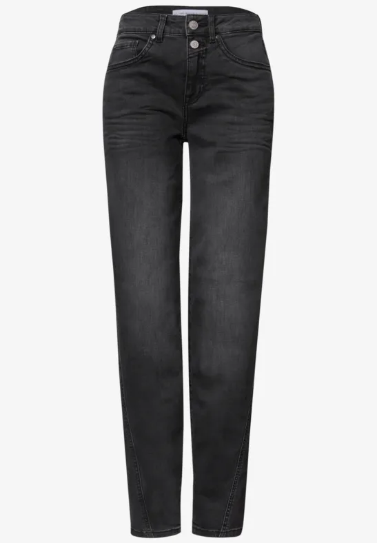 Jean femme noir à taille haute avec patte de boutonnage, coupe droite et délavage foncé.