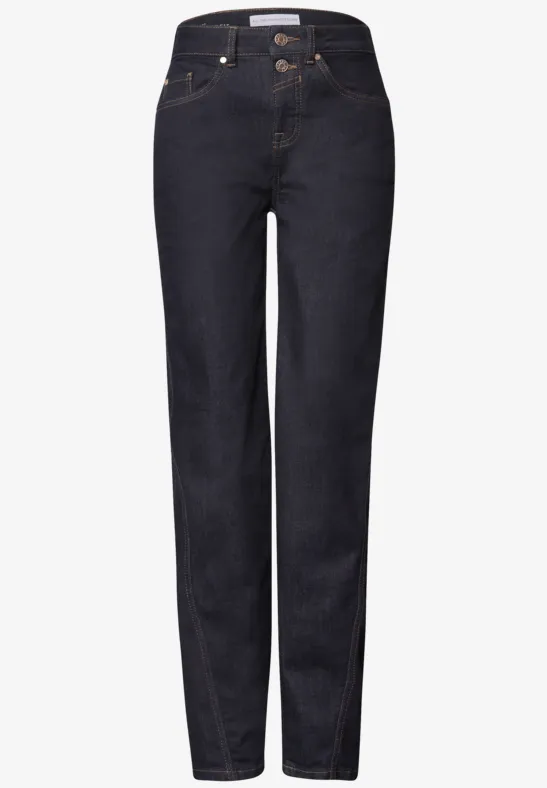 Dunkelblaue gerade Damenjeans mit hoher Taille und klassischer 5-Pocket-Optik.