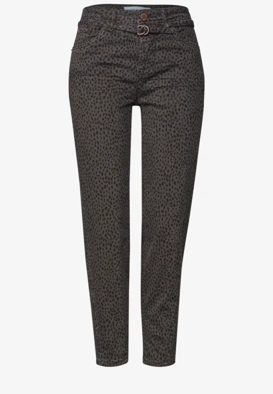 Pantalon slim femme à motif animal discret, taille haute ajustable par passants, longueur cheville.
