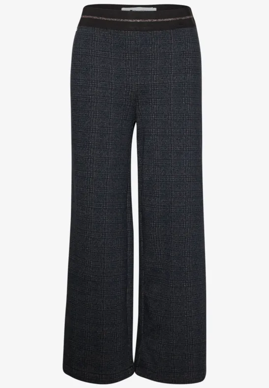 Donkergrijze, wijde high-waist broek met subtiel patroon en elastische tailleband.